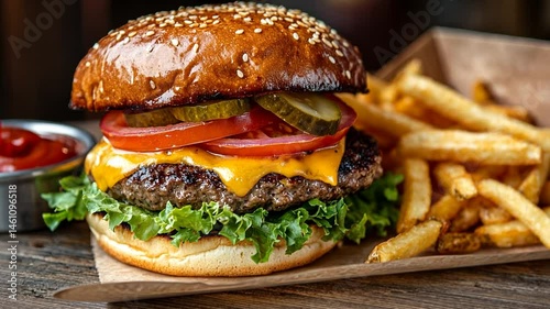 Delectable Burger Composition: Close-up of a Mouthwatering Meal with Fresh Toppings
