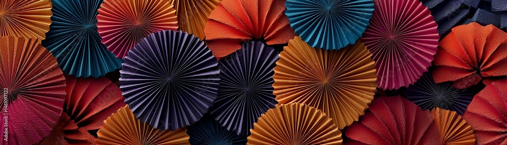 Colorful paper fans arranged artistically on a dark background.