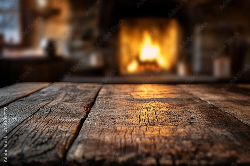 Rustic wooden surface against a blurred fireplace backdrop creating a warm ambiance