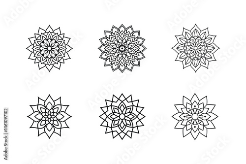 Elegant collection of six intricate black and white floral mandala designs