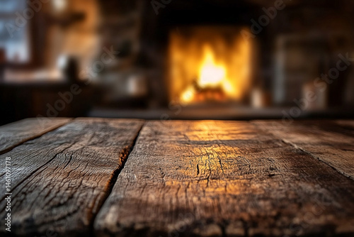 Obraz na płótnie Rustic wooden surface against a blurred fireplace backdrop creating a warm ambiance w salonie
