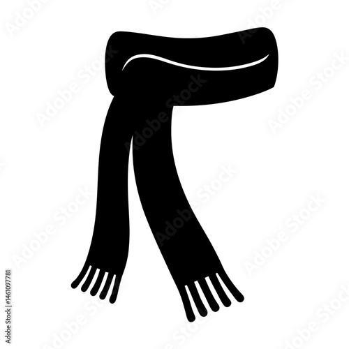 Stylized image of a black winter scarf with fringe on white background