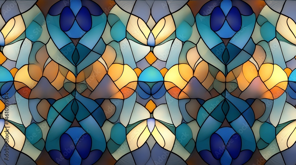 Colorful stained glass pattern, intricate design, blue and orange tones