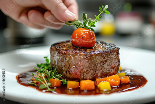 Person placing meat on plate in kitchen setting, preparing a meal.