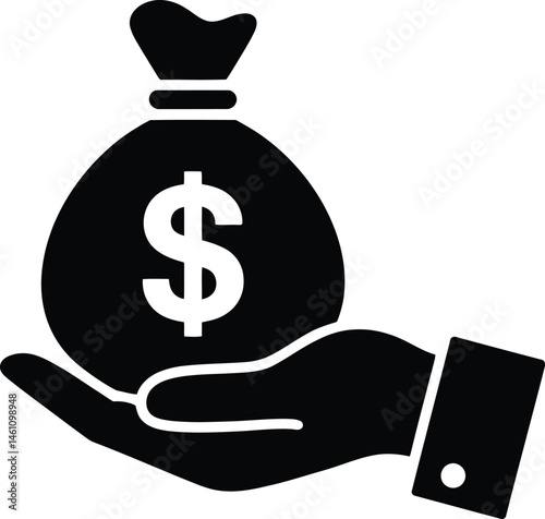 hand with money bag icon over white background, silhouette style, vector illustration