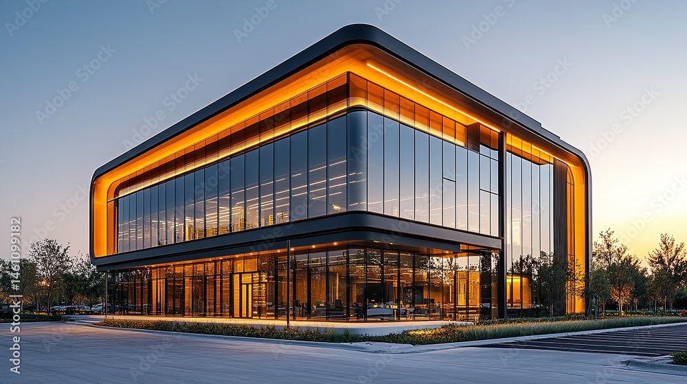 Fototapeta premium Contemporary two-story office complex with minimalist design and large windows, golden hour lighting casting soft shadows across empty parking lot 