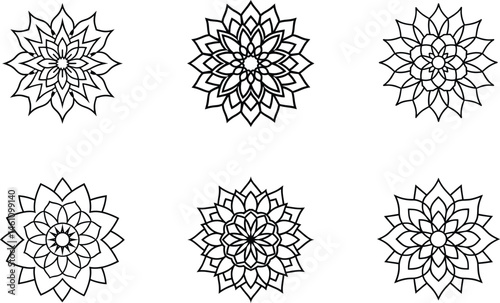 Collection of six elegant black and white floral mandala designs on clean white background