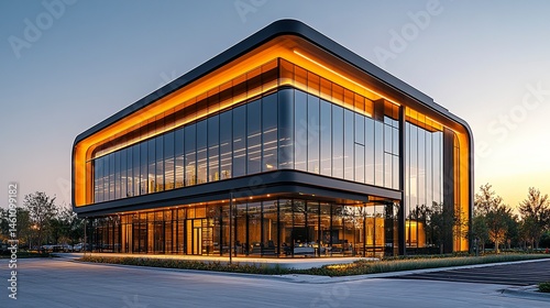 Wallpaper Mural Contemporary two-story office complex with minimalist design and large windows, golden hour lighting casting soft shadows across empty parking lot   Torontodigital.ca