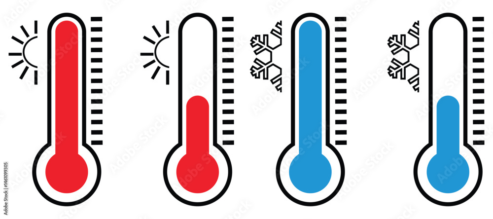 Four Thermometers Showing Hot and Cold Temperatures Four Thermometers Showing Hot and Cold Temperatures