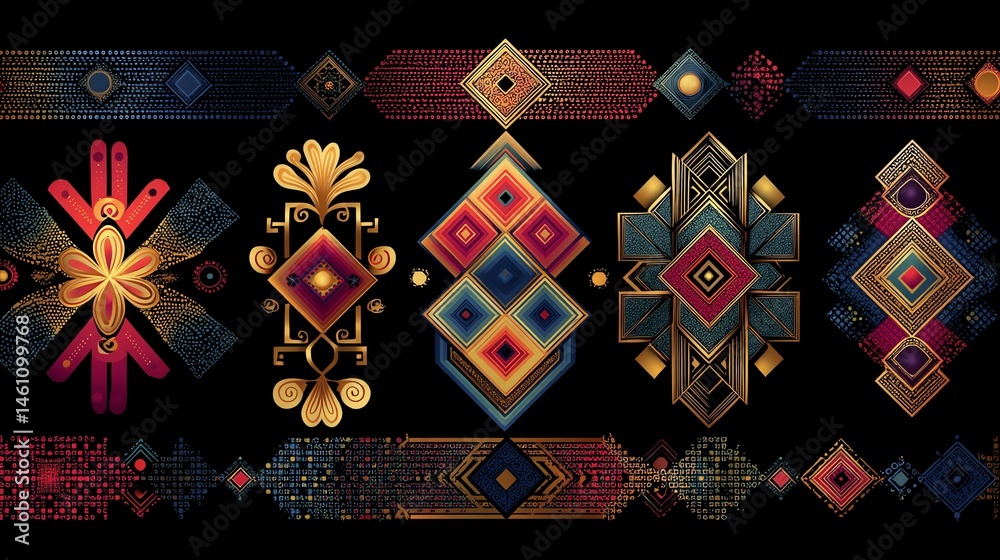Colorful geometric patterns on a black background, perfect for creative projects.