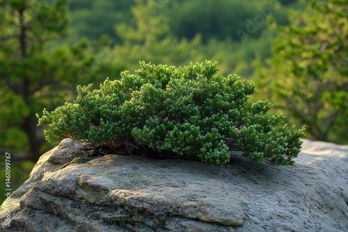 Green bush growing atop a large, weathered rock with trees in the background. Great for nature blogs, or environmental conservation awareness campaigns.