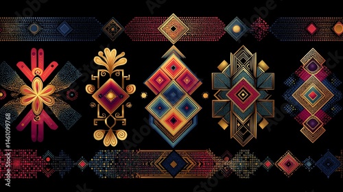 Obraz na płótnie Colorful geometric patterns on a black background, perfect for creative projects. w salonie