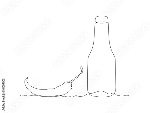 Abstract ketchup bottle and hot chili pepper pod, continuous single one line art hand drawing sketch logo