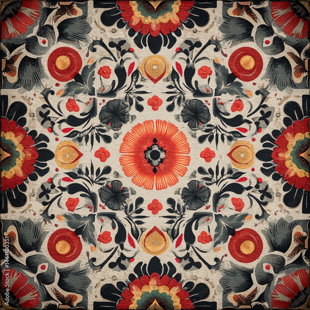 Colorful floral pattern with intricate designs on a beige background.