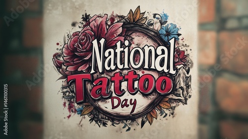 National tattoo day floral artwork with roses and decorative elements