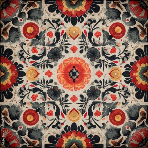 Obraz na płótnie Colorful floral pattern with intricate designs on a beige background. w salonie