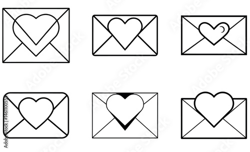 Simple black and white heart-shaped icons inside envelopes.