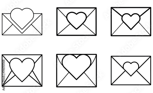 Simple black and white heart-shaped icons inside envelopes.