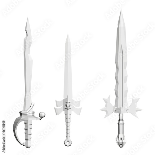 Three white swords are shown in a white background. The swords are all different sizes and shapes, but they all have a similar design. Scene is one of fantasy and adventure