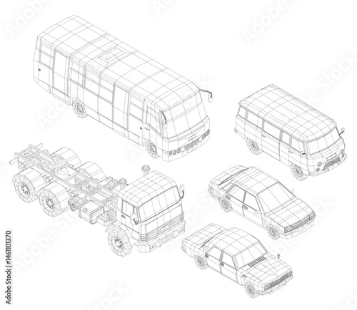 A drawing of a bus, a truck, a car, and a van. The drawing is in black and white. Isometric view. 3D