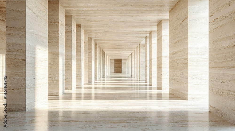 Obraz premium Elegant modern corridor with travertine-style walls and clean geometric design, low-angle perspective emphasizing depth and repetition 