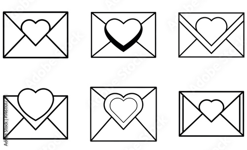 Simple black and white heart-shaped icons inside envelopes.