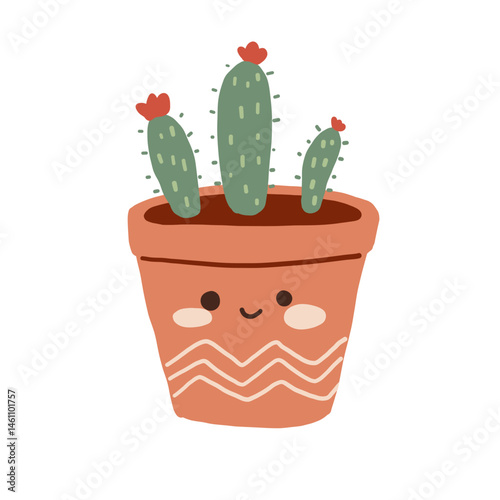 Cute hand-drawn smiling terracotta flowerpot with cactus plant