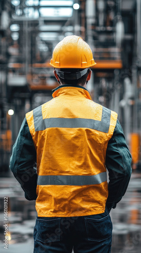 A man in a yellow vest stands in a wet industrial area. He is wearing a hard hat and reflective vest