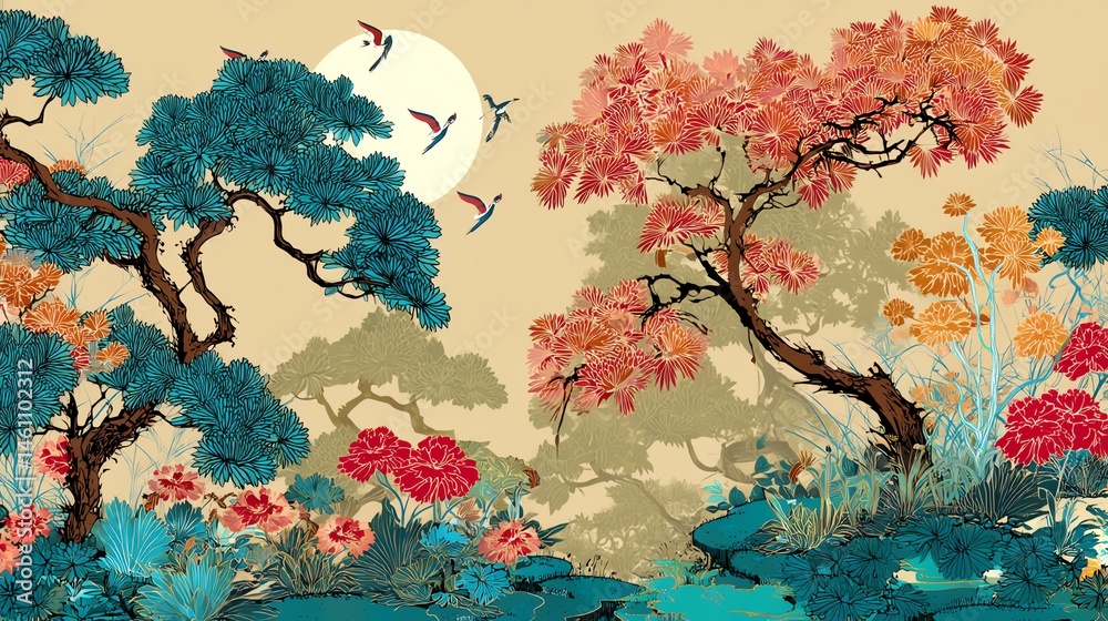 Colorful landscape with trees and flowers under a moonlight background.
