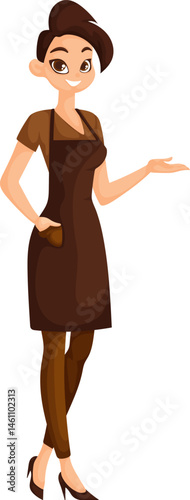 Vector illustration of a smiling female barista wearing a brown apron and stylish outfit, presenting with a welcoming hand gesture.
