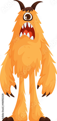 Cartoon-style orange furry monster with a single large eye, horns, sharp teeth, and long limbs, standing with a surprised expression.