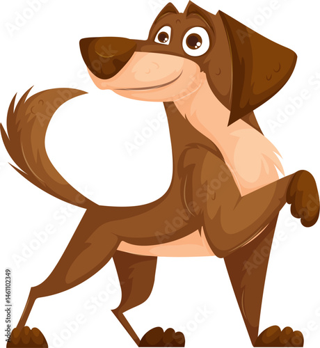 Cute cartoon-style illustration of a brown dog standing on three legs with one paw raised, wagging its tail and showing a happy expression.