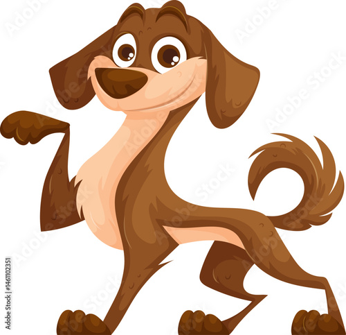 Cute cartoon-style illustration of a brown dog standing in a playful pose with a happy expression, raised paw, and curly tail.