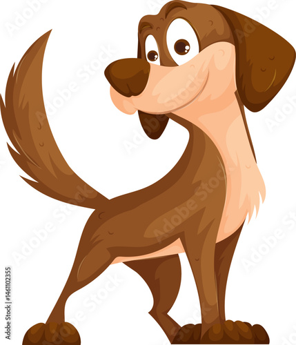 Cheerful cartoon-style illustration of a brown dog standing with a happy expression, wagging its tail and looking back playfully.
