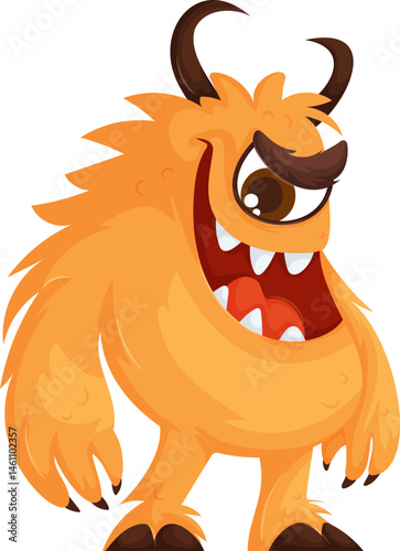 Cute and playful cartoon-style orange monster with a large single eye, sharp teeth, curved horns, and a fluffy body, looking mischievous.