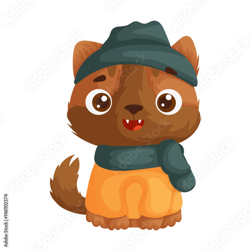 Adorable brown cartoon cat wearing a cozy winter outfit with a hat and scarf, sitting happily on a white background. Perfect for designs.
