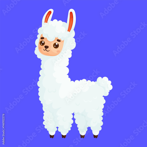 Charming cartoon llama with fluffy white fur and a sweet expression, standing on a vibrant blue background. Ideal for kids' designs.
