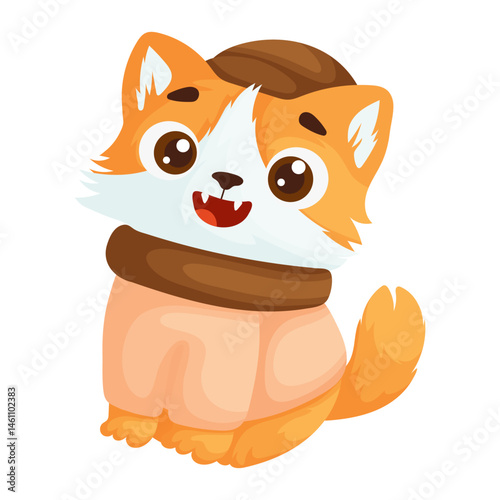 Cute cartoon orange cat wearing a cozy outfit with a hat and scarf, sitting happily on a white background. Perfect for designs.