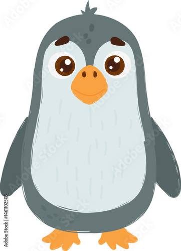 Adorable cartoon illustration of a standing penguin with big brown eyes, a bright orange beak, and flippers on a white background.