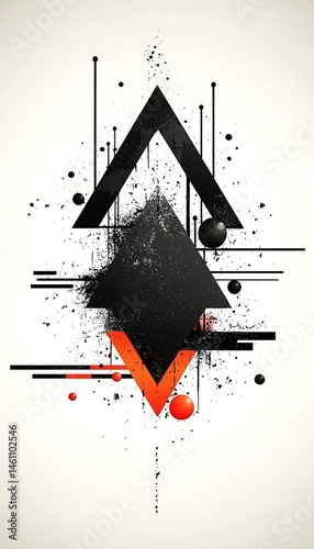 Abstract graphic design featuring black and orange shapes, geometric patterns, and splatters
