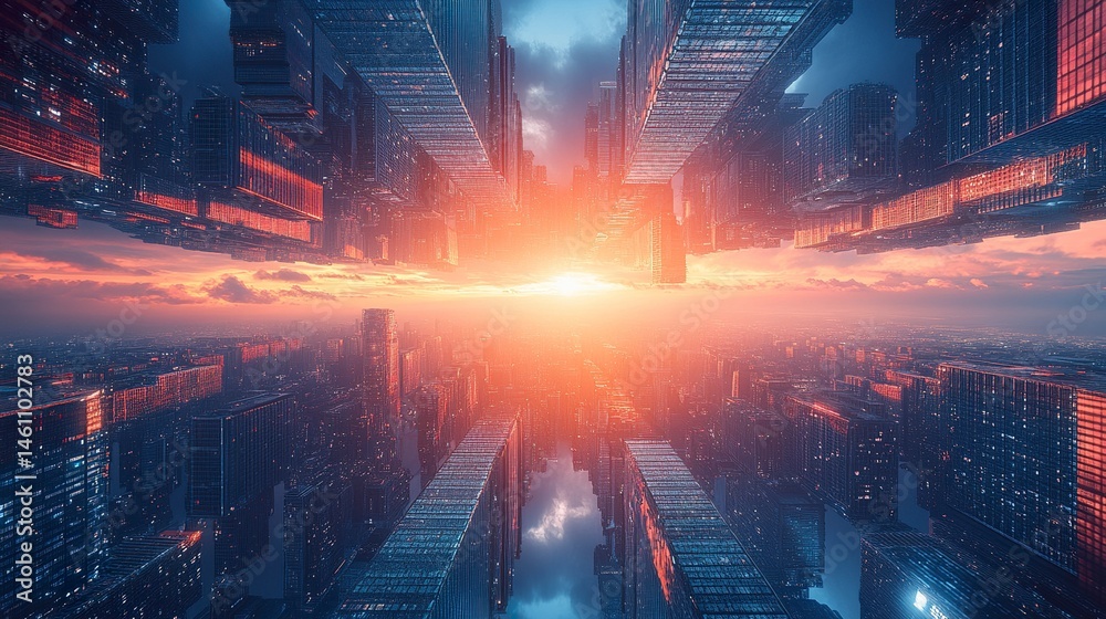 Fototapeta premium Futuristic cityscape with reflective high-rise buildings, upward perspective, cold color tone, symmetrical framing 