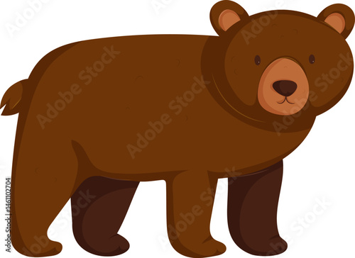 Adorable cartoon brown bear standing on four legs with a friendly expression, isolated on a white background.