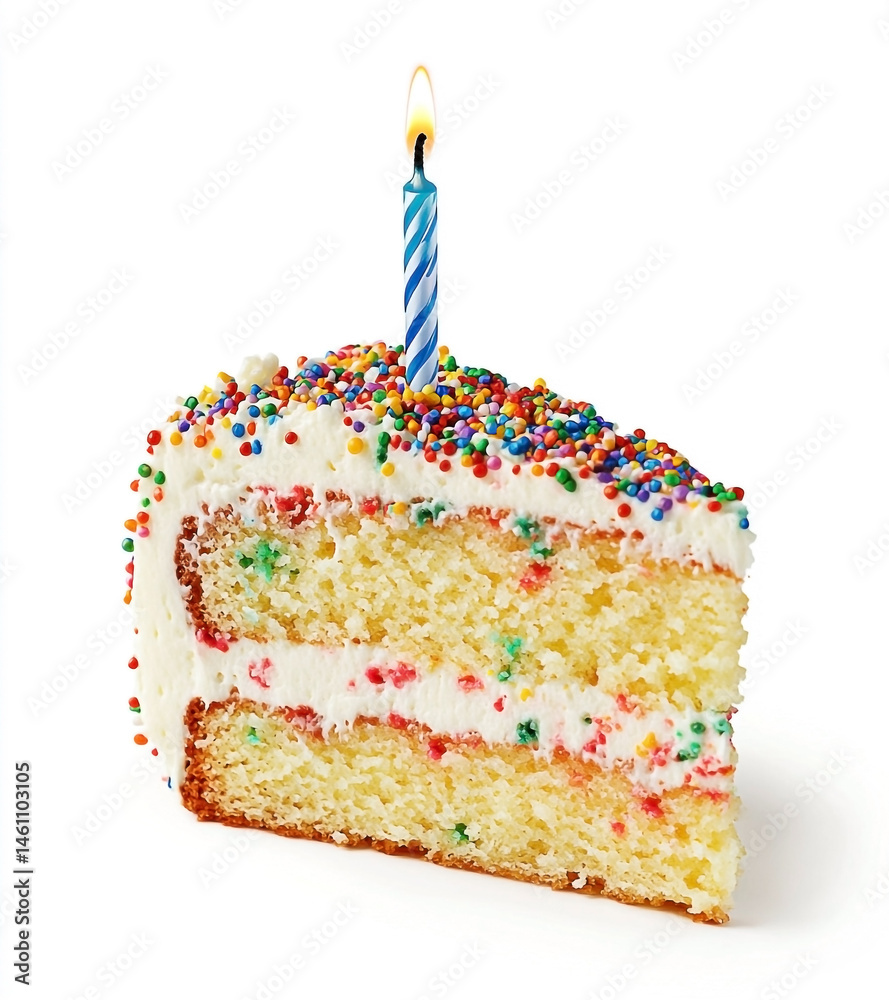 Celebratory cake slice with vibrant sprinkles and a single burning candle
