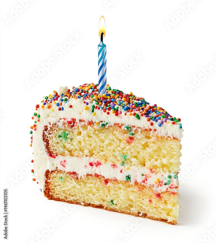 Obraz na płótnie Celebratory cake slice with vibrant sprinkles and a single burning candle w salonie