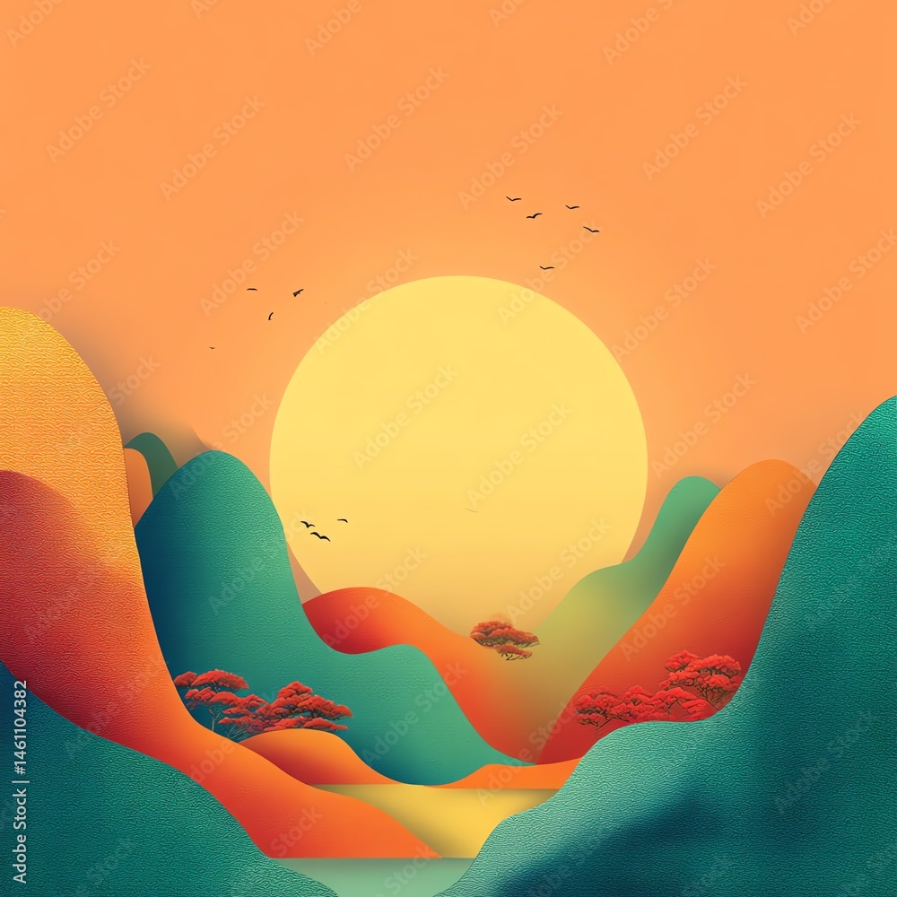 Colorful hills under a sunset with birds flying in a vibrant sky