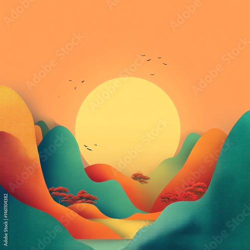 Obraz na płótnie Colorful hills under a sunset with birds flying in a vibrant sky w salonie