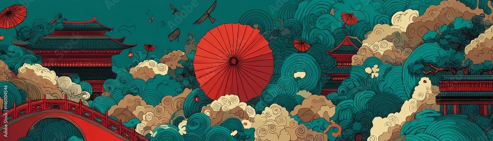Colorful illustration of traditional Asian landscape with pagodas and umbrellas.