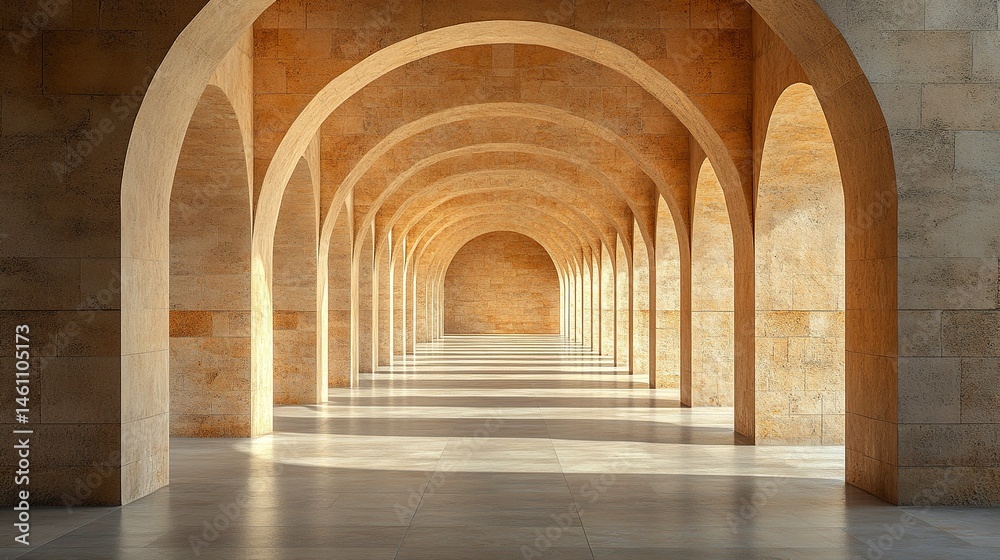 Low-angle view of modern stone corridor with repeating archways, dramatic perspective and shadows, geometric architecture in warm neutral tones Low-angle view of modern stone corridor with repeating archways, dramatic perspective and shadows, geometric architecture in warm neutral tones