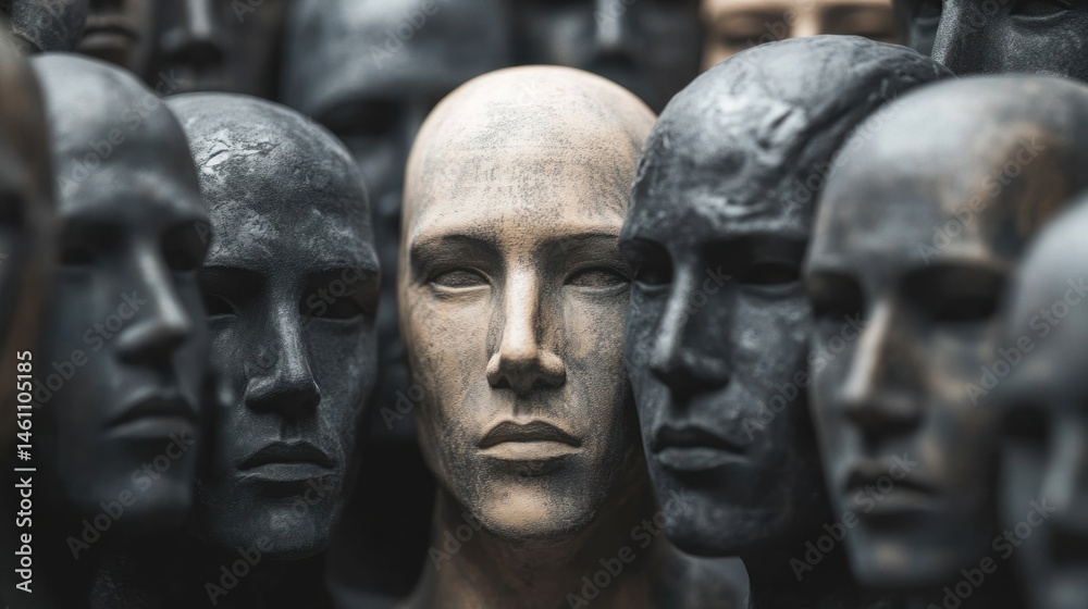 A striking arrangement of diverse mannequin heads, showcasing varied expressions and textures in a dark setting A striking arrangement of diverse mannequin heads, showcasing varied expressions and textures in a dark setting