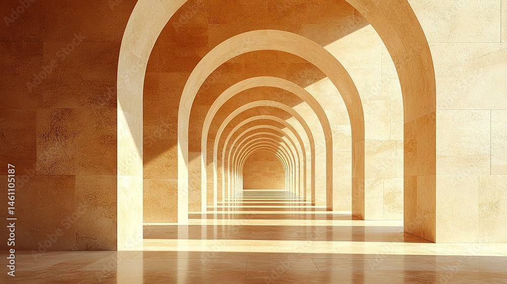 Obraz premium Low-angle view of modern stone corridor with repeating archways, dramatic perspective and shadows, geometric architecture in warm neutral tones 